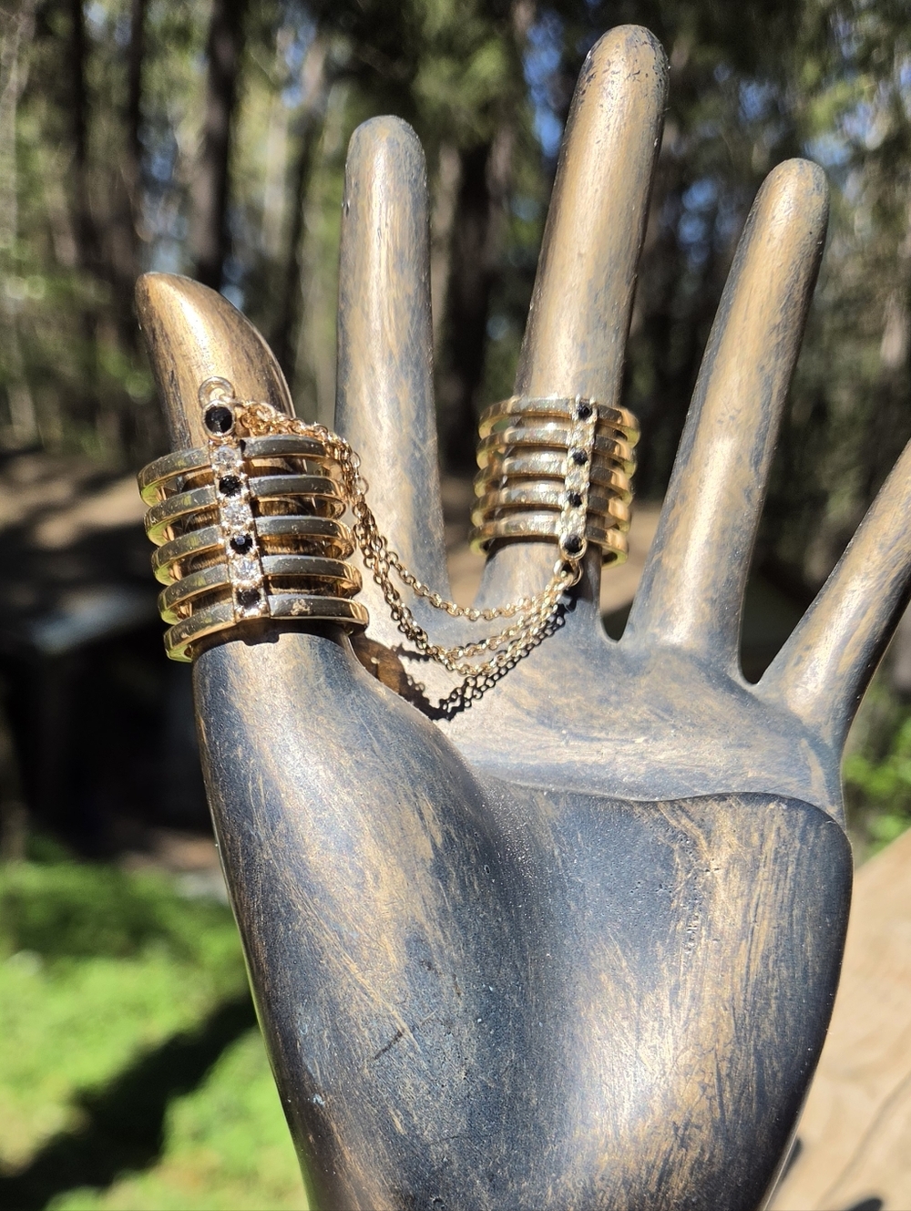 Lovisa Gold Black Sapphire & Topaz Dual Cage Rings Sz9.5&10.25 - Picture 4 of 13